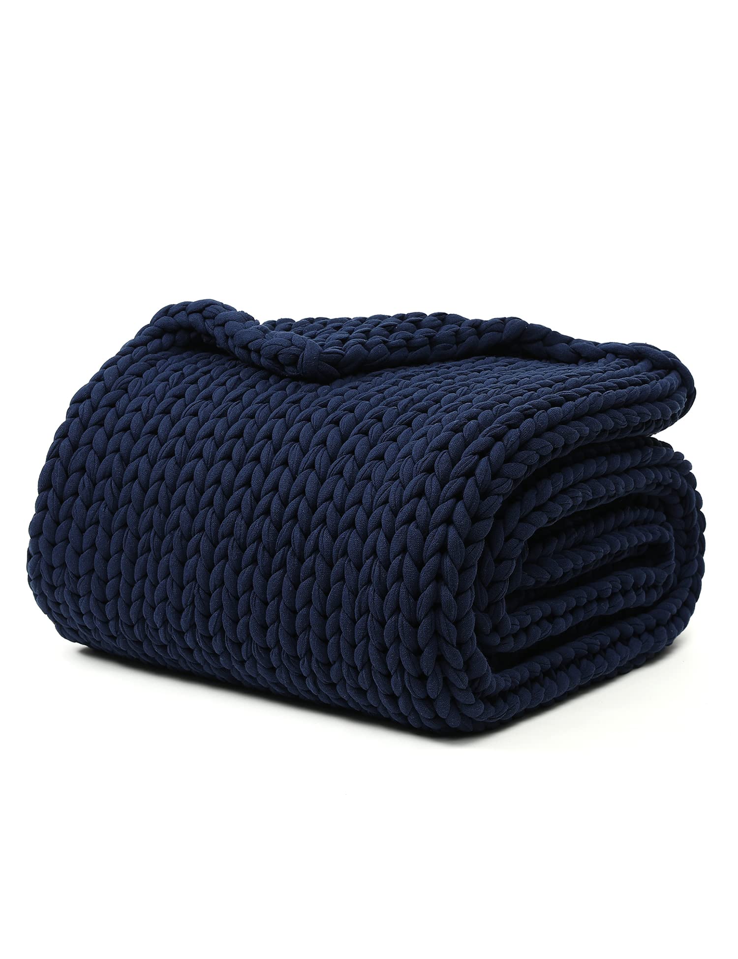 YnM Handmade Cotton Knitted Weighted Blanket - 10lbs Chunky Knit Throw for Adults, Anxiety Relief & Better Sleep - Navy Blue 43x50 Inches - Perfect for Bedroom, Sofa & Stress Relief