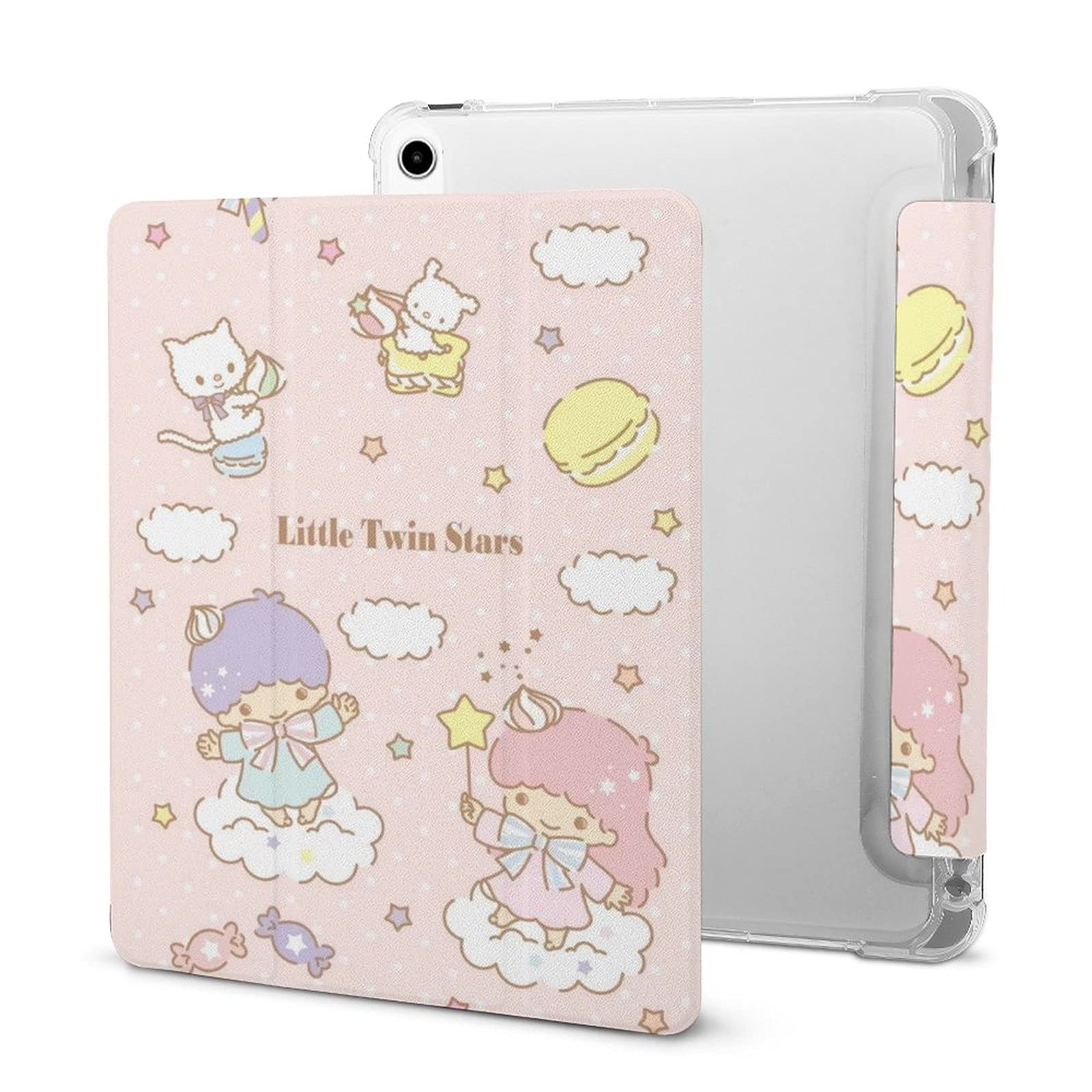 Cute Little Twin Stars iPad Case with Pencil Holder - Compatible with iPad Air 4 (10.9 inch 2020 Model) - Soft Silicone Full Body Protective Cover - Perfect for School, Work & Travel