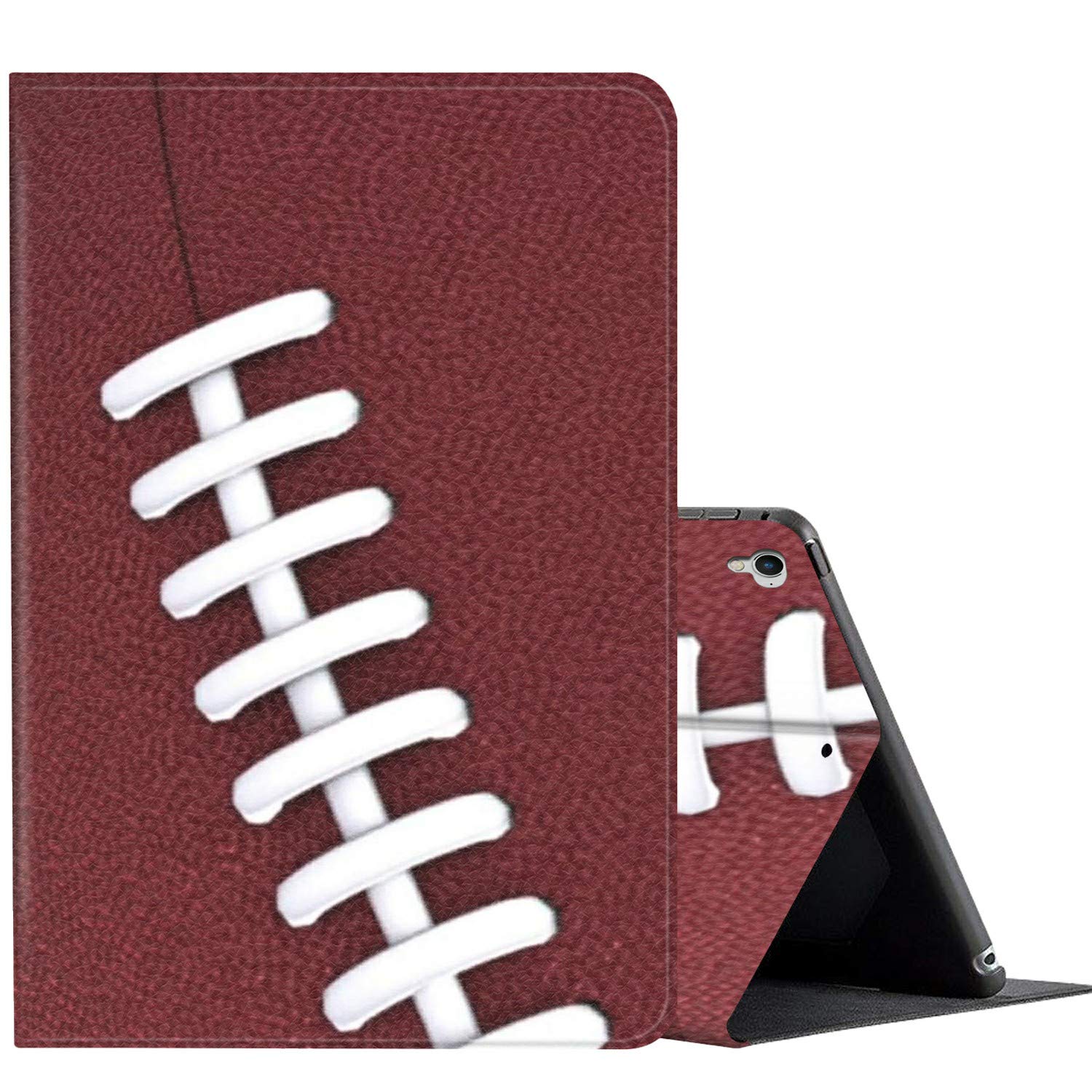 AMOOK Adjustable Folio Smart Cover Stand Shockproof Case for iPad 9.7 Inch (6th/5th Gen & iPad Air 1/2) - Brown Football Design | Perfect for Work, School & Travel Protection