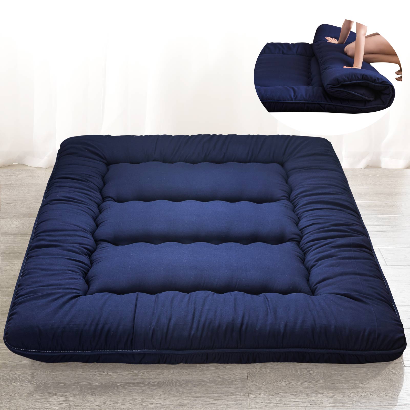 MAXYOYO Navy Blue Futon Mattress for Living Room - Comfortable & Space-Saving Sofa Bed Solution for Small Apartments, Guest Rooms & Dormitories