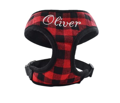 RED BUFFALO Plaid Personalized Dog Harness with Custom Name Embroidery - Adjustable Soft Padded No-Pull Vest for Small to Large Dogs (X-Small) - Perfect for Walks, Training & Outdoor Adventures