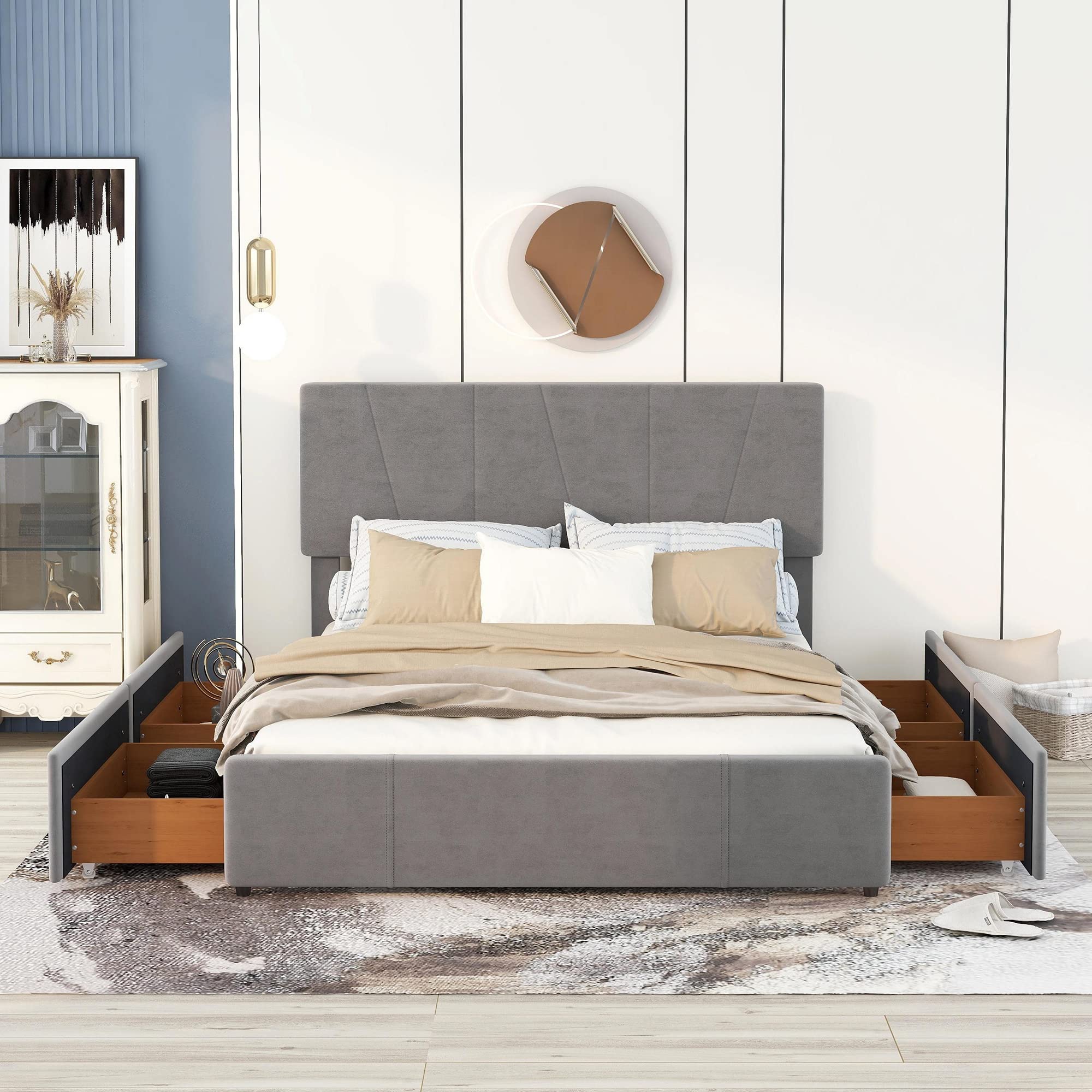 Queen Size Upholstered Storage Bed Frame with Adjustable Tufted Headboard & 4 Drawers - No Box Spring Needed, Gray - Perfect for Small Bedrooms & Guest Rooms with Limited Space