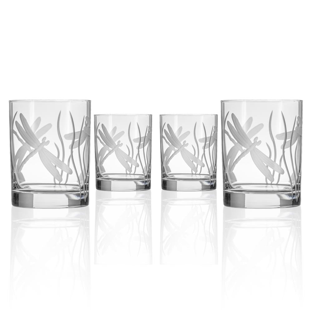 Premium Dragonfly 13oz Double Old Fashioned Glasses - Set of 4 | Heavy Base Cocktail Glasses for Whiskey, Bourbon & Scotch | Perfect for Home Bars, Parties & Gifts