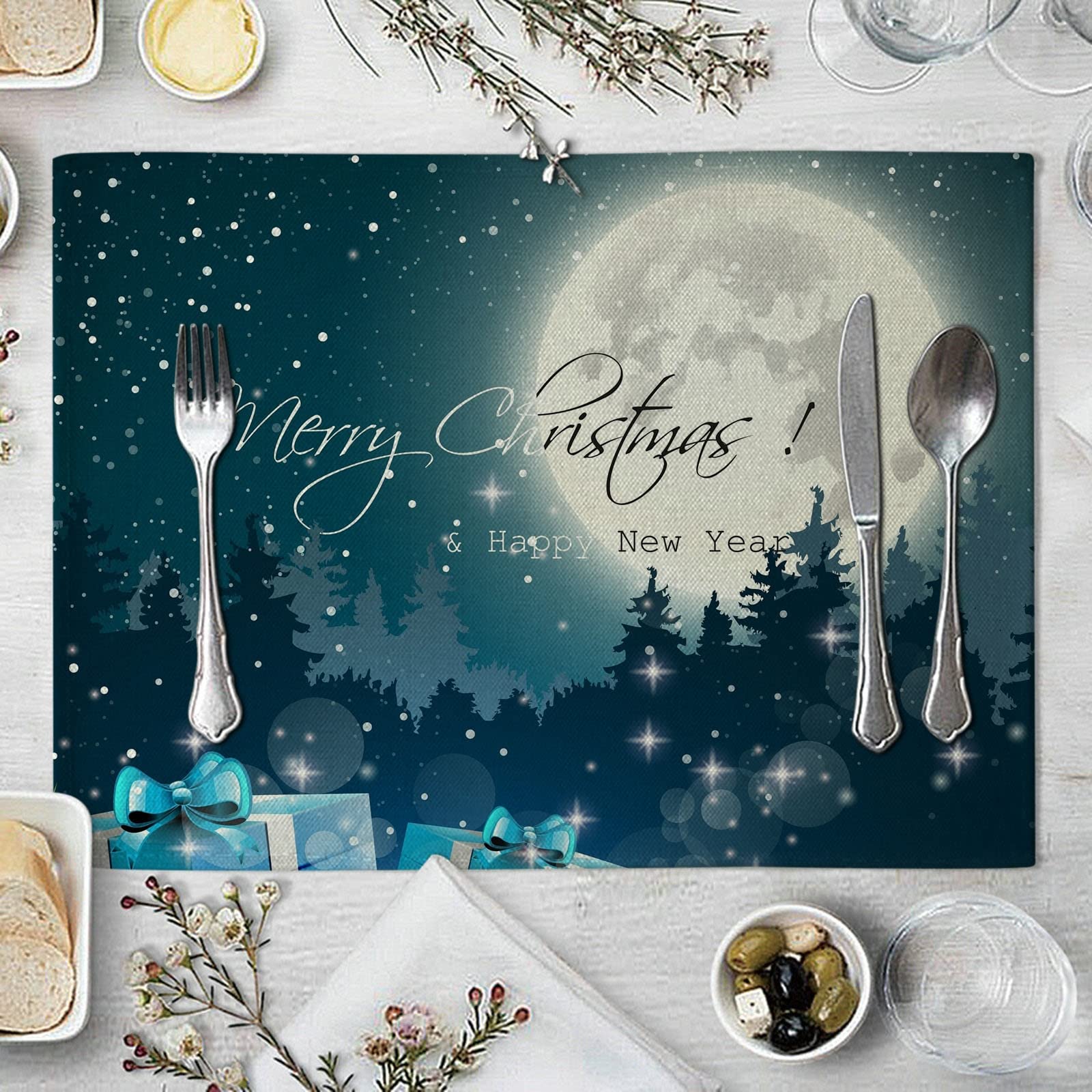 Aooaz Christmas Place Mats Set of 8 - Green & White Cotton Linen Holiday Dining Mats (16x12 Inches/32x42cm) for Merry Christmas & New Year Celebrations - Perfect for Festive Dinner Tables, Holiday Parties & Seasonal Home Decor
