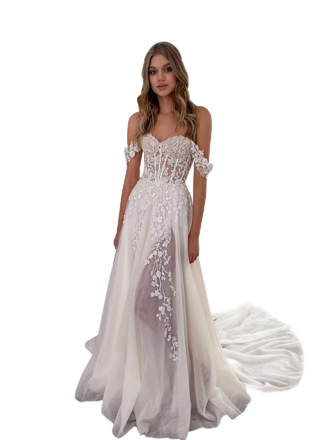 XYAYE Women's Boho Lace Off Shoulder Wedding Dress - Summer Beach Bridal Gown with Tulle Skirt & Thigh Slit - Perfect for Beach Weddings, Boho Bridal Showers & Destination Elopements
