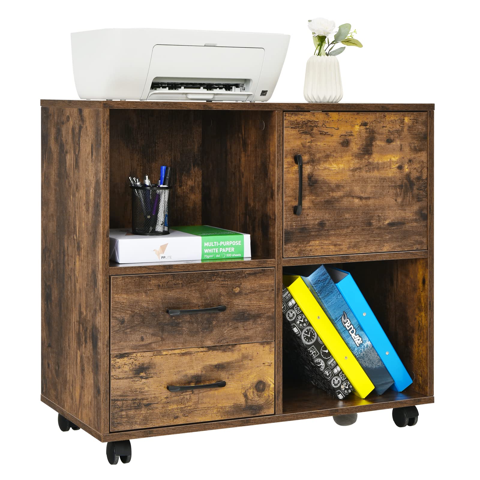 Tangkula Rolling Printer Stand with 2 Drawers & Open Shelves - Mobile Lateral Filing Cabinet, Under Desk Storage Organizer for Home Office - Rustic Brown | Perfect for Printer Storage, File Organization & Workspace Optimization