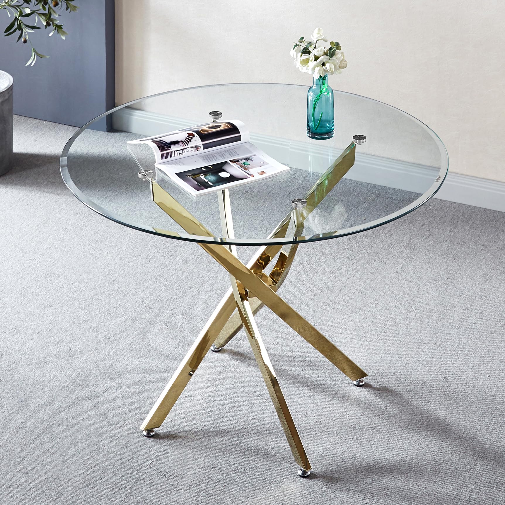 Modern Round Glass Dining Table with Tempered Glass Top & Gold Stainless Steel Base - 36 Inch Kitchen, Office, or Dining Room Table - Perfect for Small Spaces, Breakfast Nooks & Contemporary Home Decor