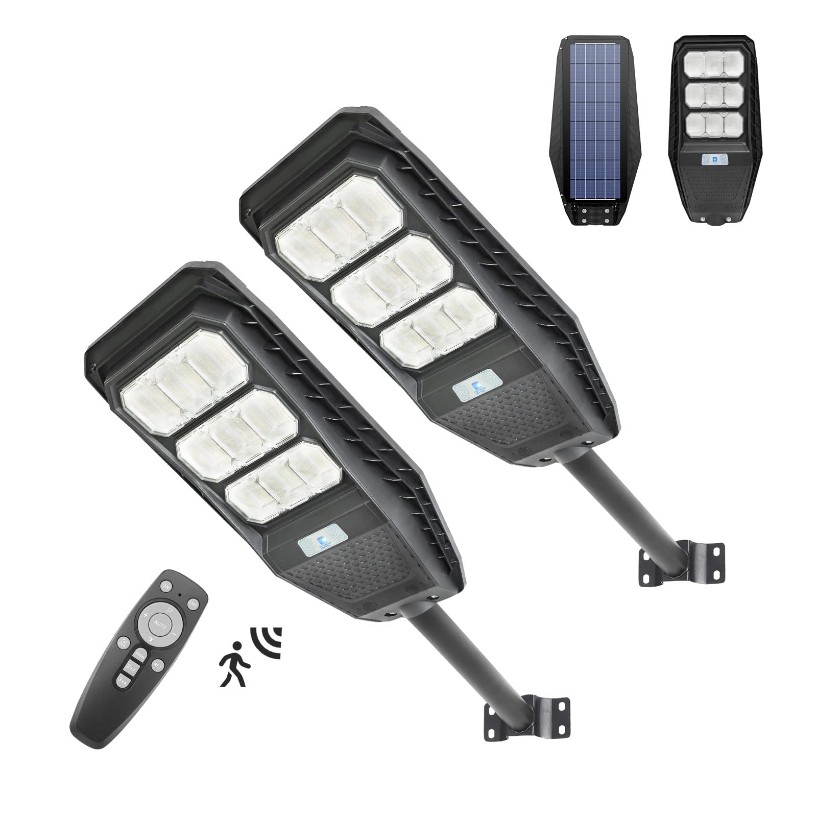 Aulanto 100W Solar Street Lights Outdoor - 2 Pack with Motion Sensor, Dusk to Dawn, Remote Control & IP65 Waterproof - Solar Powered Security Flood Lights for Backyard, Driveway, Parking Lot, Garage, Garden, Pathway, and Yard Lighting