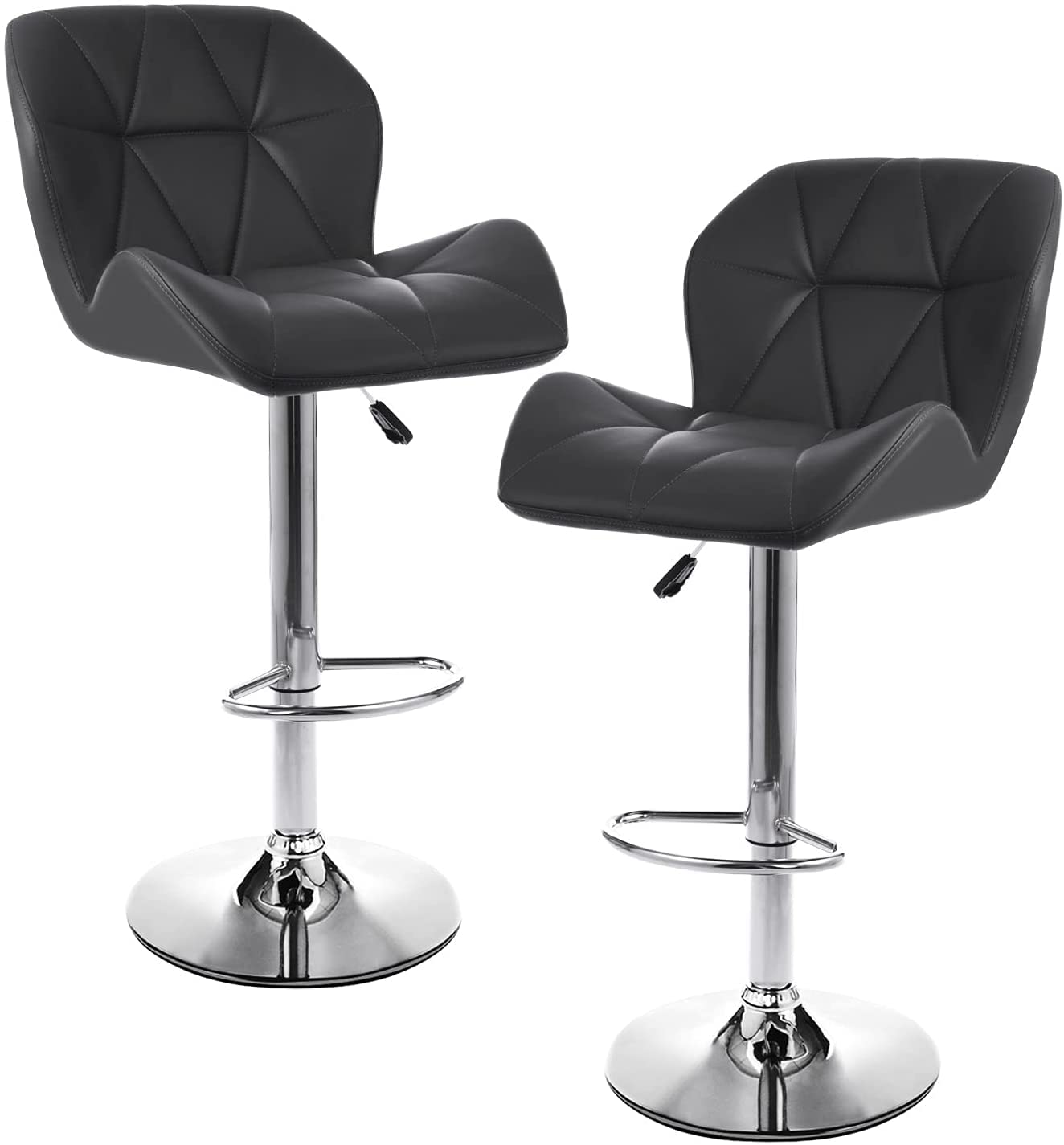 Modern Adjustable Swivel PU Leather Bar Stools Set of 2 - Counter Height Barstools with Back Support for Kitchen Island, Breakfast Bar & Home Pub - Black