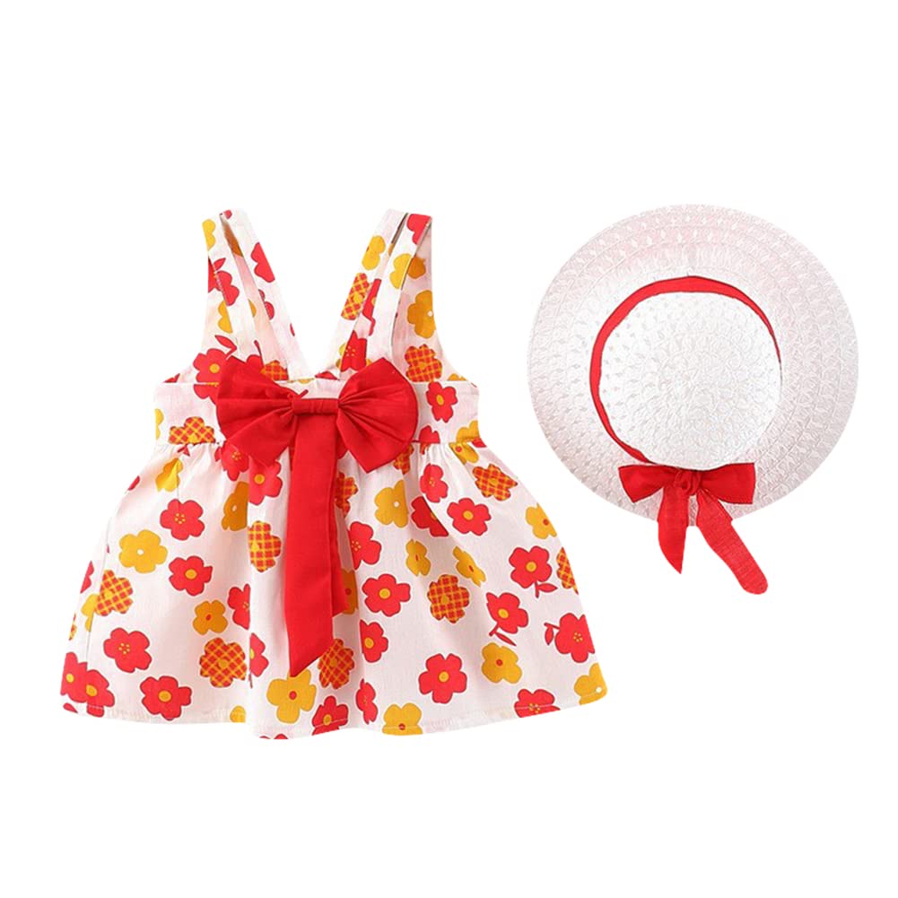 ODASDO Toddler Girls Sleeveless Bow Dress & Straw Hat 2-Piece Set - Summer Sundress for Infants & Baby Girls | Perfect for Homecoming, Beach Outings & Photo Shoots