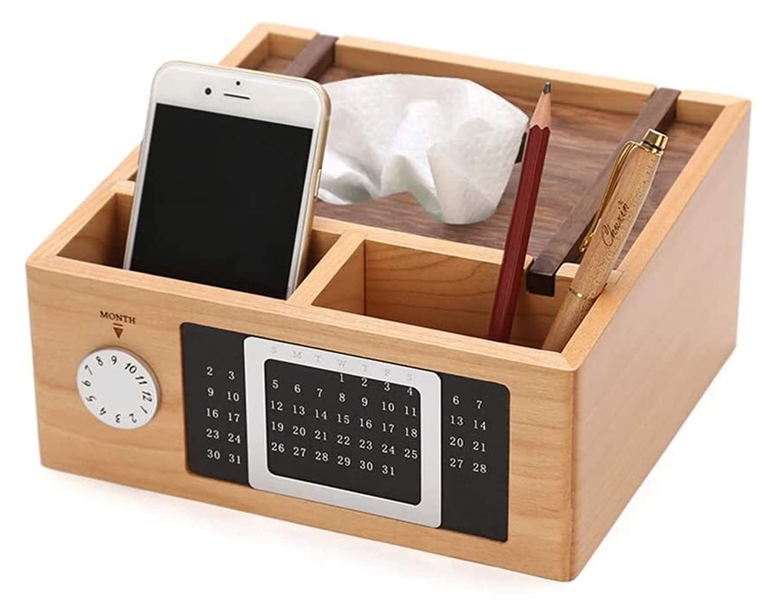 Handiya Wooden Perpetual Calendar & Tissue Box - Elegant Desktop Decor for Home & Office, Unique Paper Storage & Art Sculpture Gift - Perfect for Modern Spaces, Gifting & Workspace Organization