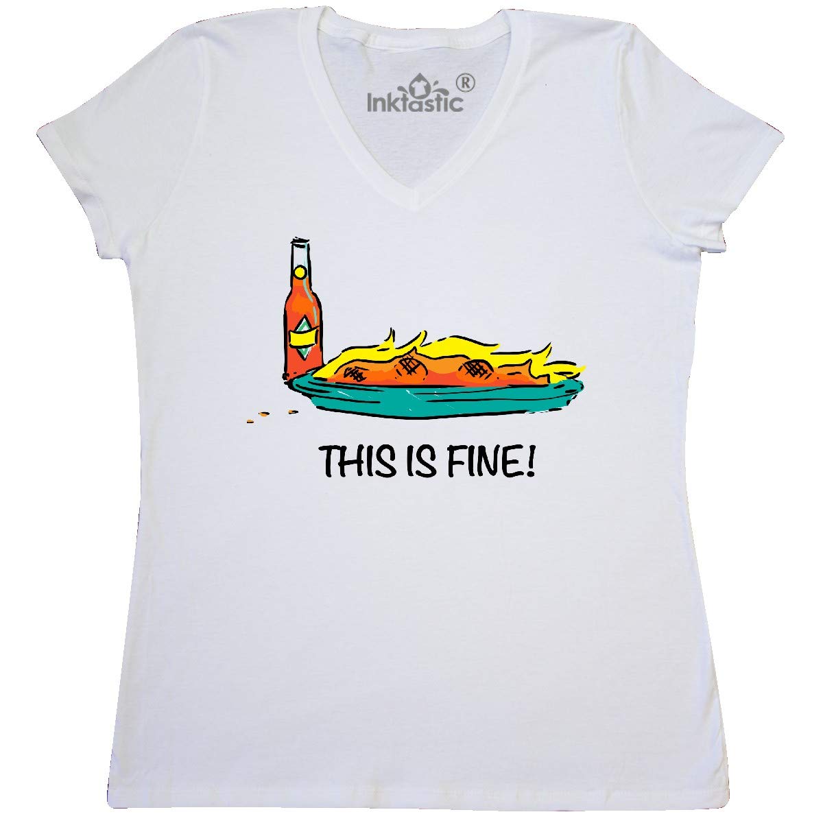 Inktastic 'This is Fine' Burning Hot Sauce Women's V-Neck T-Shirt | Funny Spicy Food Lover Gift | Casual Wear & Lounge Outfit