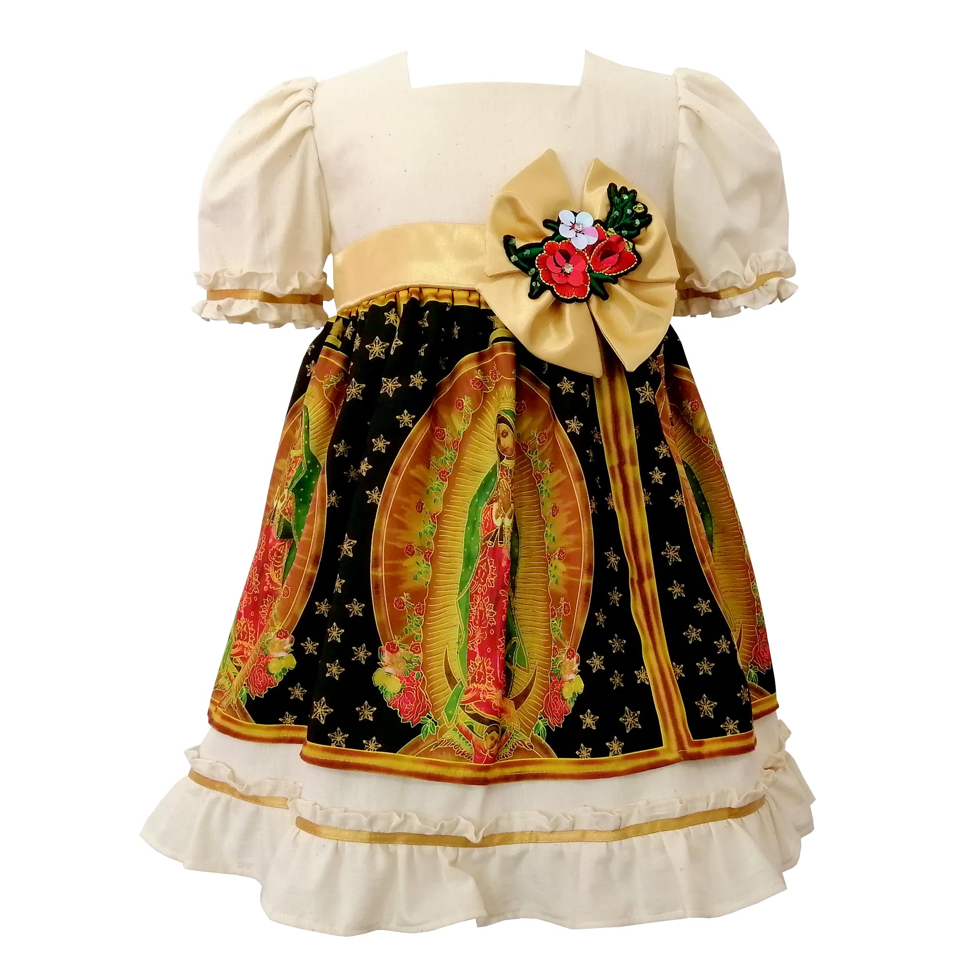 Handmade Cotton Traditional Virgin of Guadalupe Baby Girl Dress - Golden Guadalupana Style for Toddlers (9 Months) | Perfect for Baptisms, First Communions & Special Occasions
