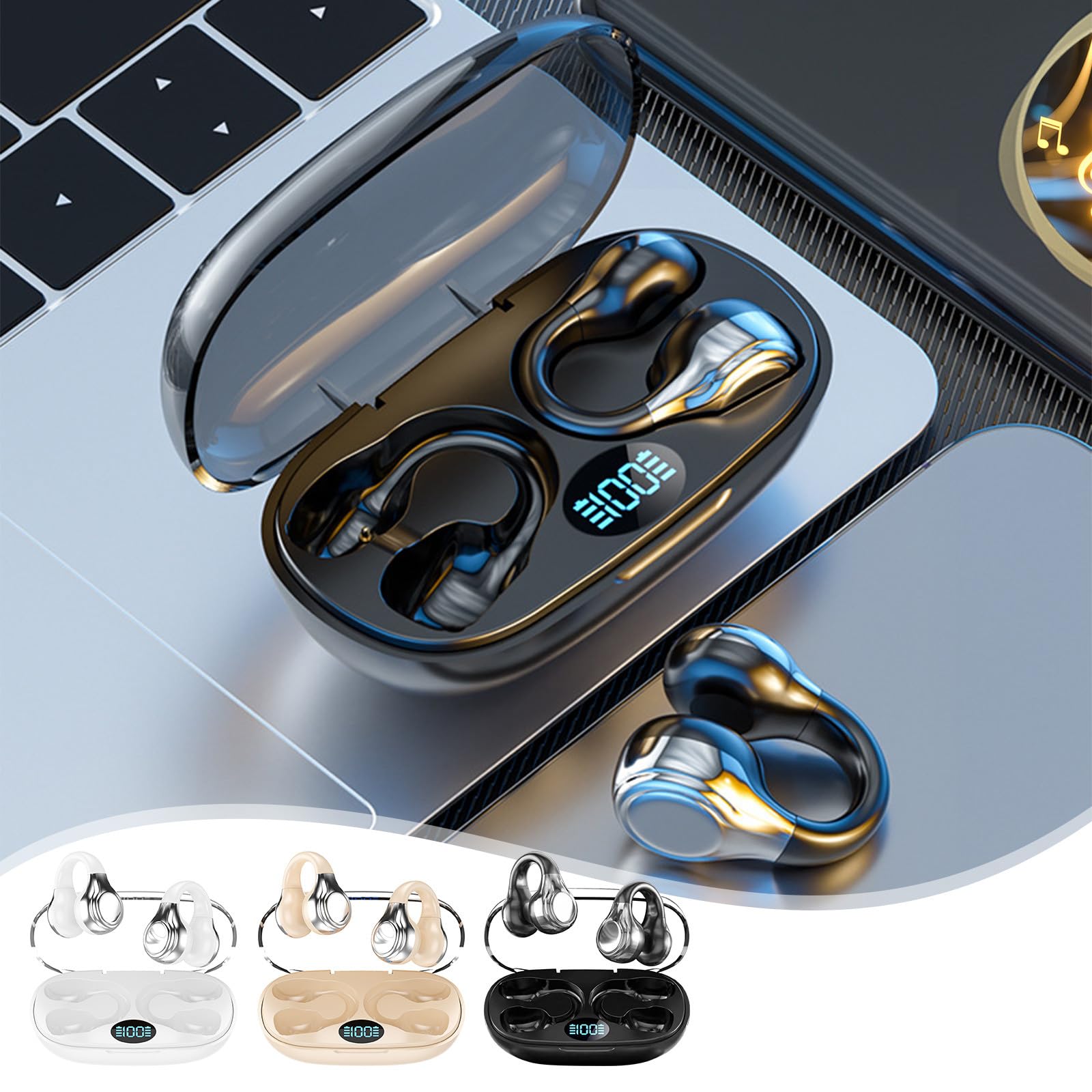 MIANHT Clip-On Bone Conduction Bluetooth Headphones - Wireless, Non-In Ear Design, Sports Digital Display, Ultra Long Battery Life - Perfect for Running, Cycling & Workouts