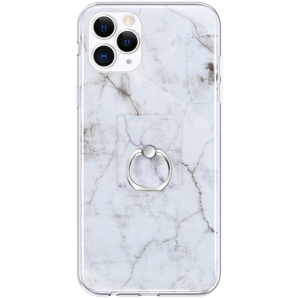 IKASEFU iPhone 11 Pro Case 5.8 Inch - Shockproof Soft TPU Silicone Cover with Ring Holder & Kickstand, Marble Design Slim Protective Bumper (White) - Perfect for Work, Travel and Everyday Use
