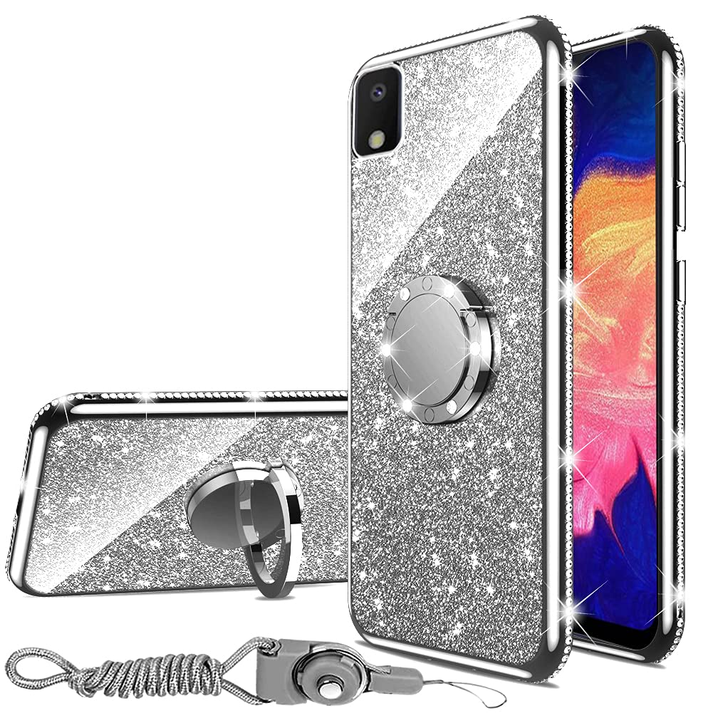 Samsung Galaxy A10E Case - Sparkling Glitter Luxury TPU Silicone Phone Cover with Kickstand & Rhinestone Ring Stand | Slim Protective Case for Women & Girls | Perfect for Everyday Use, Work & Travel (Glitter Silver)