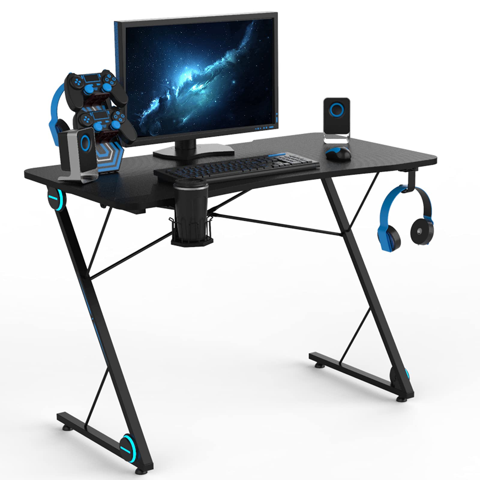 Ergonomic Z-Shaped Gaming Desk with LED Lights & Carbon Fiber Surface - Professional Esports Workstation for PC Gamers | Perfect for Home Office & Streaming Setup