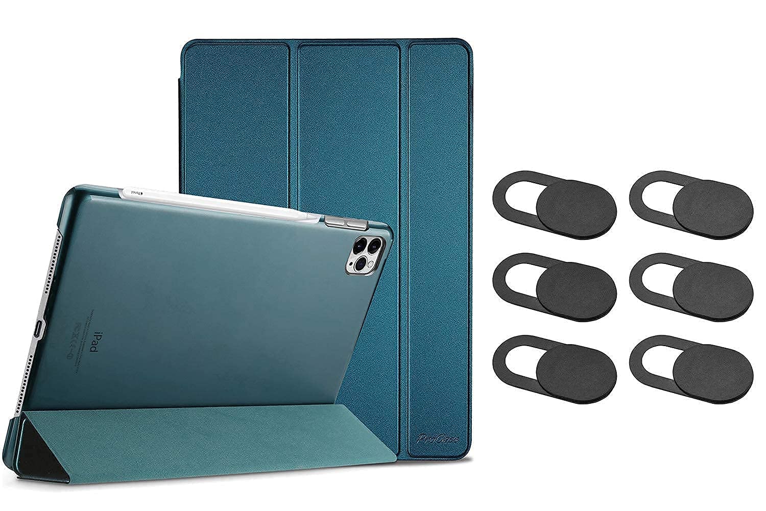 ProCase Teal iPad Pro 11 Slim Hard Shell Case (2020 & 2018 Model) with 6-Pack Black Ultra Thin Webcam Covers - Protective Bundle for iPad Pro & Laptop Privacy Protection | Perfect for Work, Travel & Online Meetings