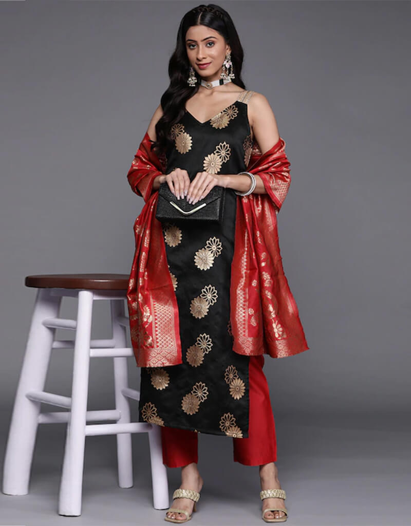 Elegant Black Banarasi Silk Pant Salwar Suit for Women - Traditional Indian Ethnic Wear for Weddings, Festivals & Special Occasions
