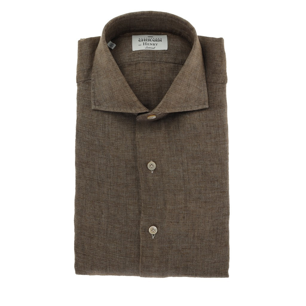 HENRY SARTORIAL X GHERARDI Men's Long Sleeve Linen Shirt in Brown - Breathable Casual Button Down Shirt for Summer, Travel & Office Wear