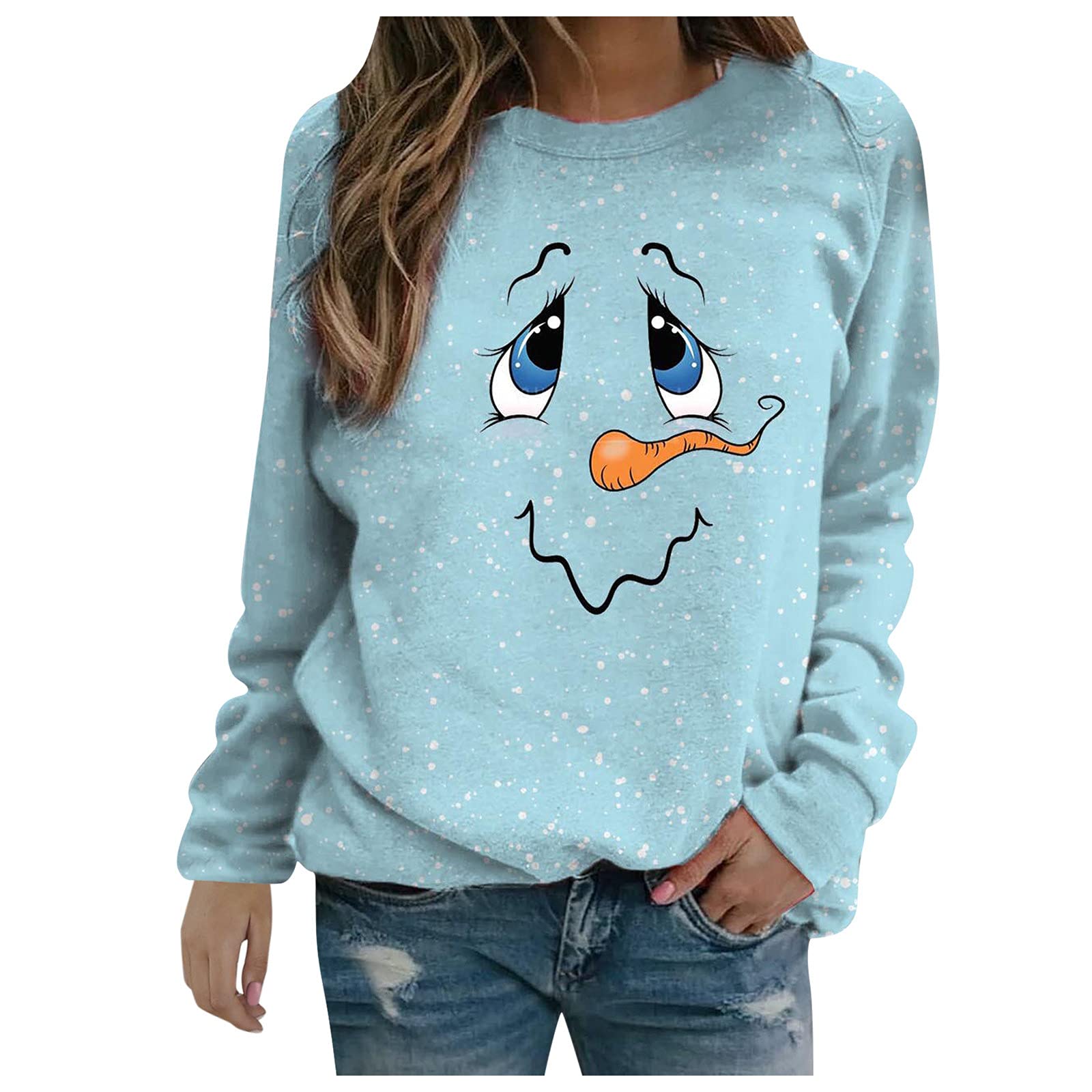 Women's Christmas Printed Long Sleeve T-Shirt - Cute Holiday Crewneck Sweatshirt, Loose Fit Casual Pullover Top for Cozy Winter Wear | Perfect for Holiday Parties, Family Gatherings & Festive Outfits