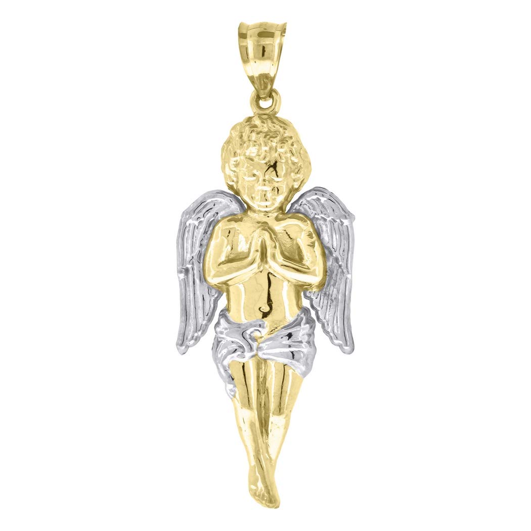 10K Two-Tone Gold Cupid Angel Religious Charm Pendant Necklace for Men & Women - 52.5x20mm Wide Spiritual Jewelry Gift - Perfect for Valentine's Day, Baptism & Religious Occasions