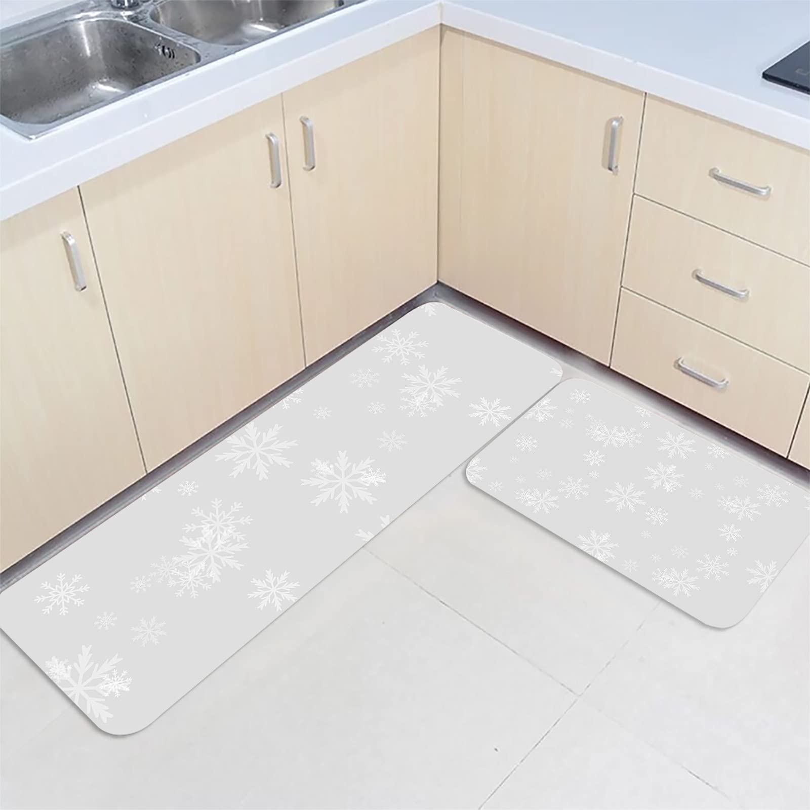 ArneCase Ultra Soft Felt Kitchen Mat Set of 2 - Anti-Fatigue Memory Foam Rugs with Snowflake Design on Gray Background for Home, Sink & Laundry - Perfect for Comfortable Standing While Cooking, Washing Dishes or Doing Laundry