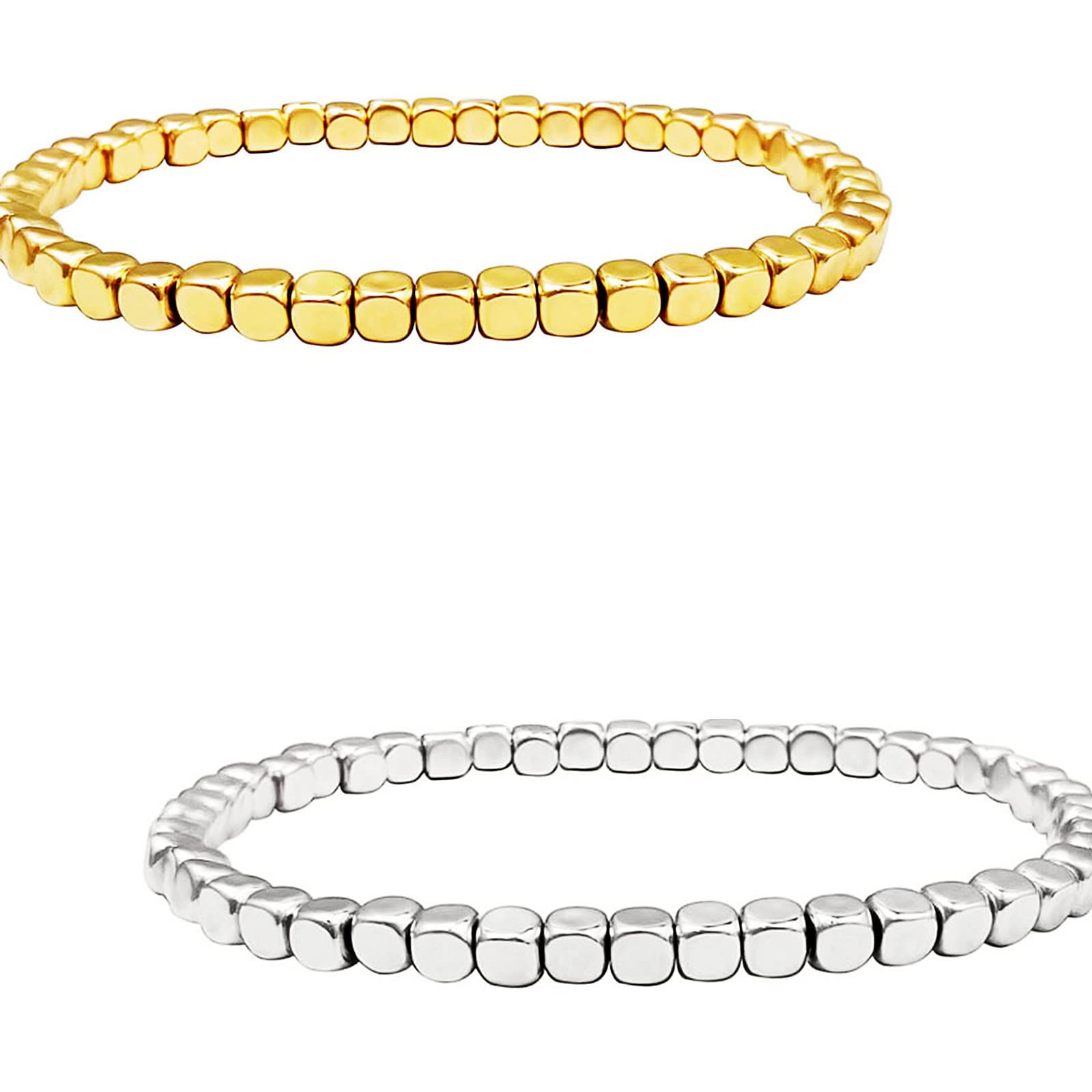 2 Pcs Gold Bead Ball Bracelets Set - Punk Gold Plated Stackable Round Beaded Bracelets for Women & Girls - Boho Chic Jewelry for Casual Wear, Parties & Gifts