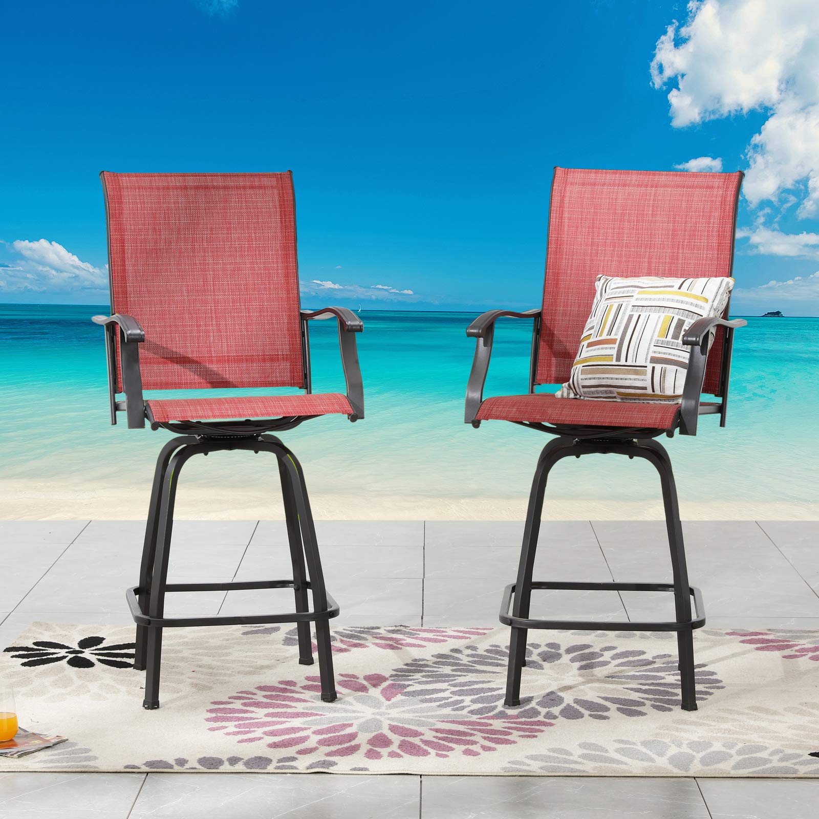 2-Piece Patio Dining Set with Swivel Bar Stools - All-Weather Metal Outdoor Furniture for Bistro, Yard, Deck or Poolside - Red Bar Height Chairs with Armrests - Perfect for Entertaining, Relaxing & Outdoor Dining