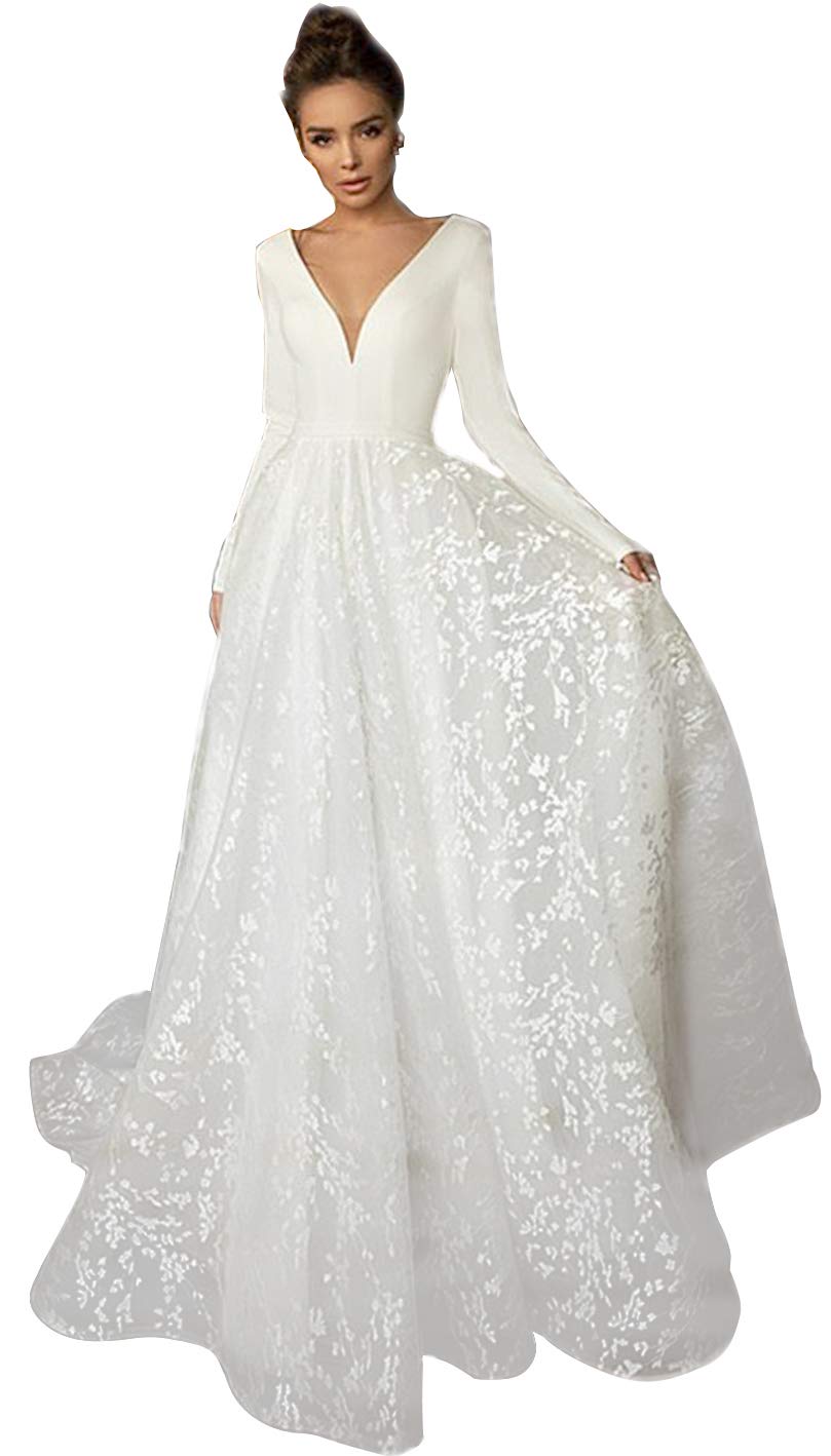 Elegant Long Sleeve Boat Neck Wedding Dress with Button Back - Crepe Satin Bridal Gown for Bride | Perfect for Church Ceremony, Garden Wedding & Formal Reception