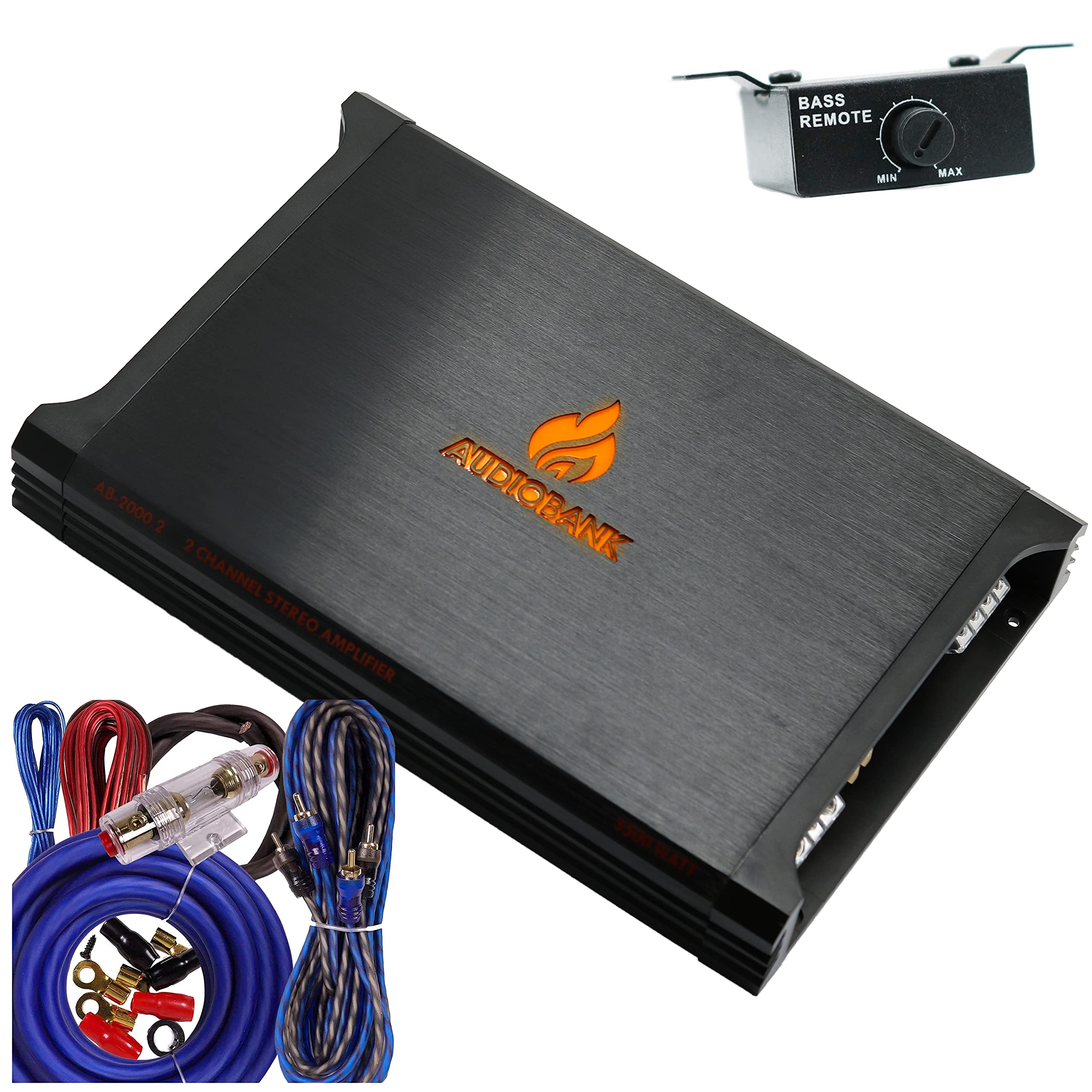 Audiobank AB2000.2 3500W 2-Channel Car Amplifier - 2 Ohm Class A/B Stereo Bass Amp with Bass Control, Bridgeable, LED Indicator & 4 Gauge Install Kit (Blue) - Perfect for Car Audio Systems, Bass Boost & Custom Sound Setups