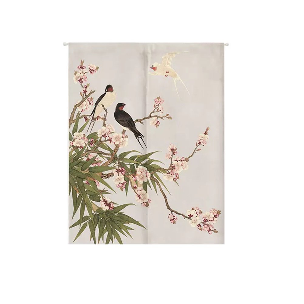 Oncefirst Linen Tapestry Door Curtain - Japanese Noren with Swallows & Floral Design, 35.5