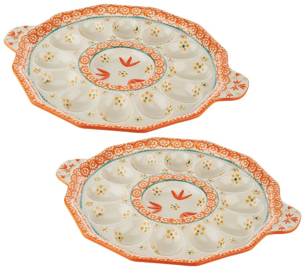 Temp-tations 2-Piece Deviled Egg Serving Trays - Holds 12 Eggs Each, Old World Tangerine Color - Perfect for Easter, Picnics & Holiday Parties