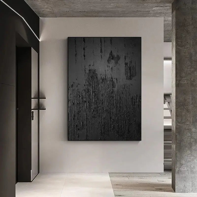 Modern Black Minimalist Textured Wall Art - Abstract Canvas Painting for Living Room, Bedroom & Office Decor | #MZ010