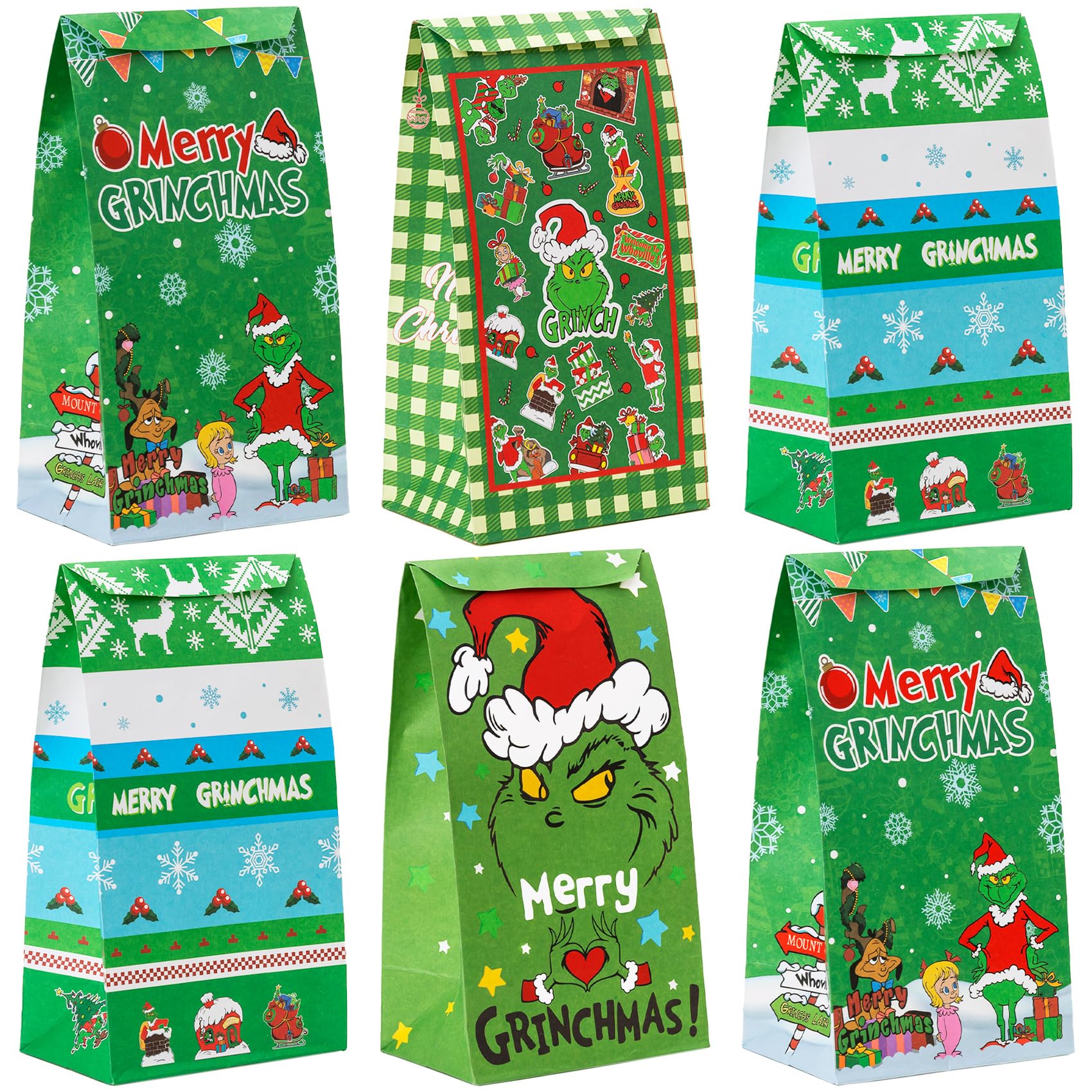 OULEIDIA 24-Pack Grinch Christmas Gift Bags - Festive Holiday Party Decorations & Gift Exchange Supplies - Eco-Friendly Kraft Paper Bags for Christmas Parties, Secret Santa & Holiday Gift Wrapping
