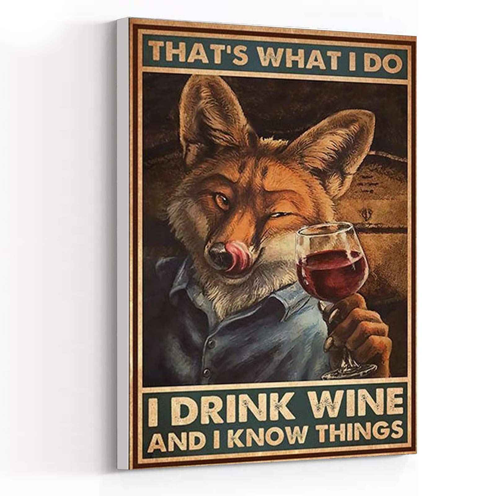 Minimalist Fox Art Print Poster - 16''x24'' Framed Modern Canvas Wall Art for Men's Room & Farmhouse Bedroom Decor - Perfect for Living Room, Office & Wine Lover Gifts - 'That's What I Do I Drink Wine and I Know Things' Quote Design