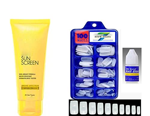 SIRF TUM 7 ULTRA Matte Sunscreen Lotion SPF 50 - 3 Pack Fake Nails Set with Glue & White Artificial Nails - Perfect for Beach, Pool & Summer Outdoor Activities