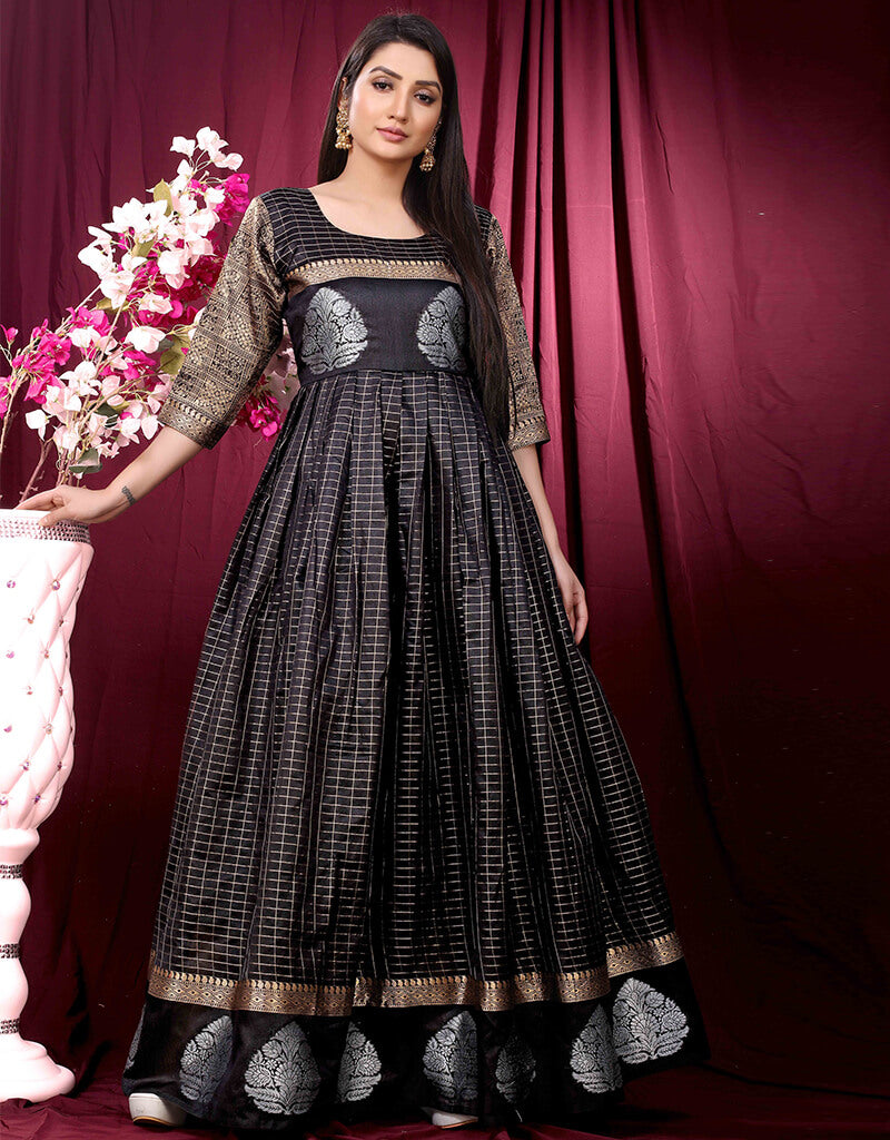 Elegant Black Silk Designer Gown for Women - Perfect for Evening Parties, Weddings & Special Occasions