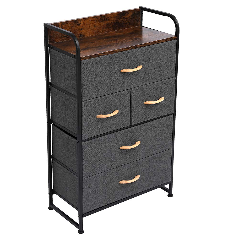 Veryke 4-Tier Fabric Storage Organizer with 5 Drawers - Wooden Top Dresser Tower for Entryway, Bedroom & Closet Organization - Dark Grey Storage Solution for Small Spaces