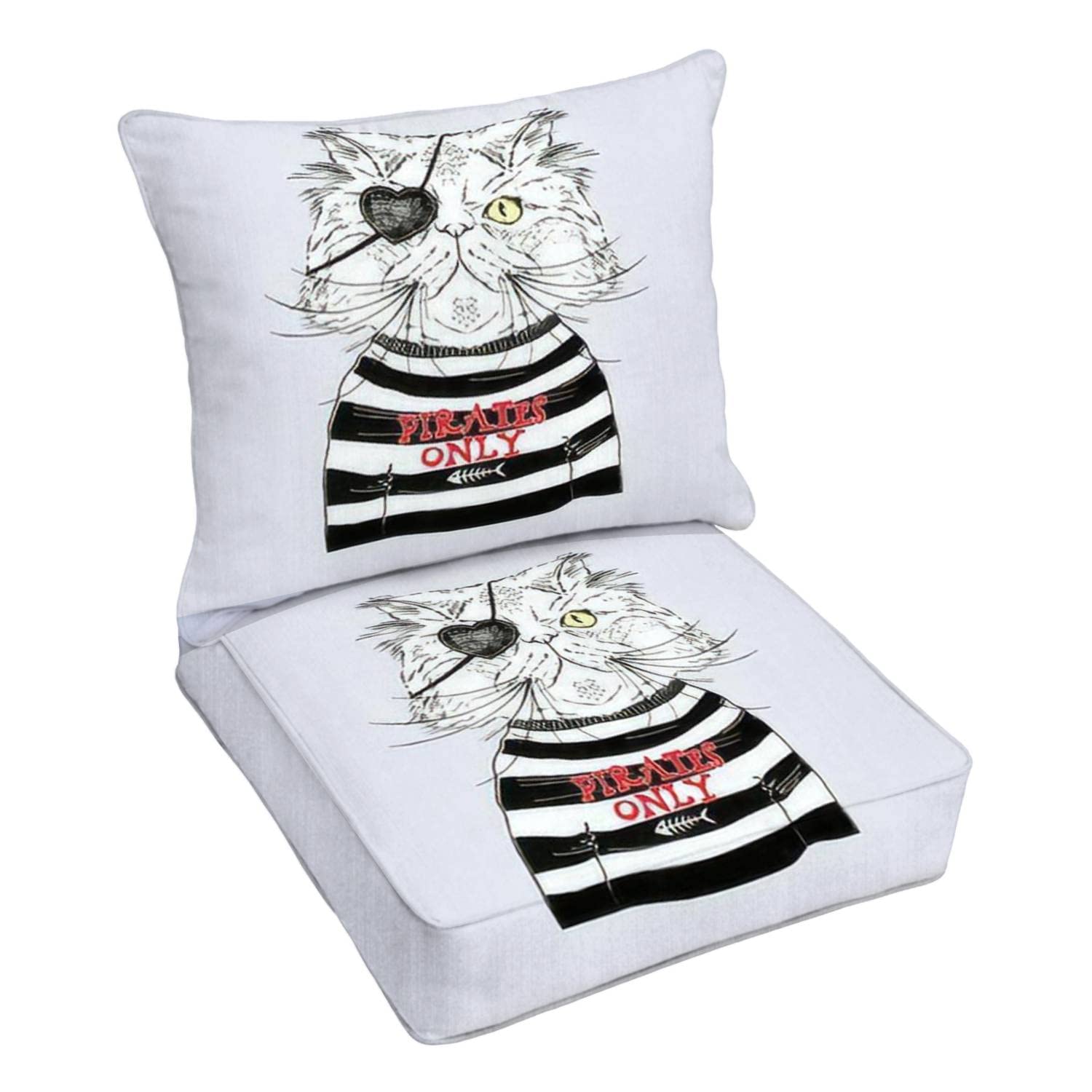Premium Outdoor Deep Seating Cushion Set with Hand-Drawn Persian Cat & Pirate Nautical Design - Waterproof Patio Furniture Replacement Cushions for Lounge Chairs - Perfect for Backyard, Poolside & Beach House Decor
