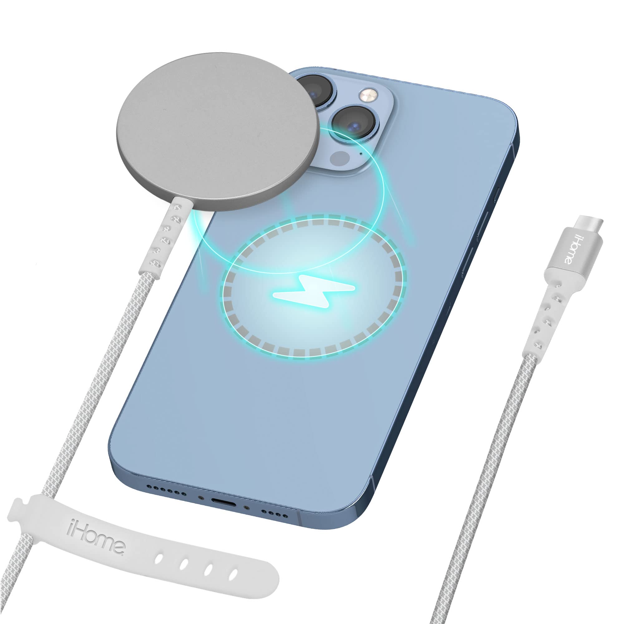 iHome 10W Magnetic Wireless Charger with Durastrain Nylon Cable & Silicone Wrap | MagSafe Compatible for iPhone 12/13 | Fast Charging Pad for Home, Office, Car & Travel (White, 10ft)