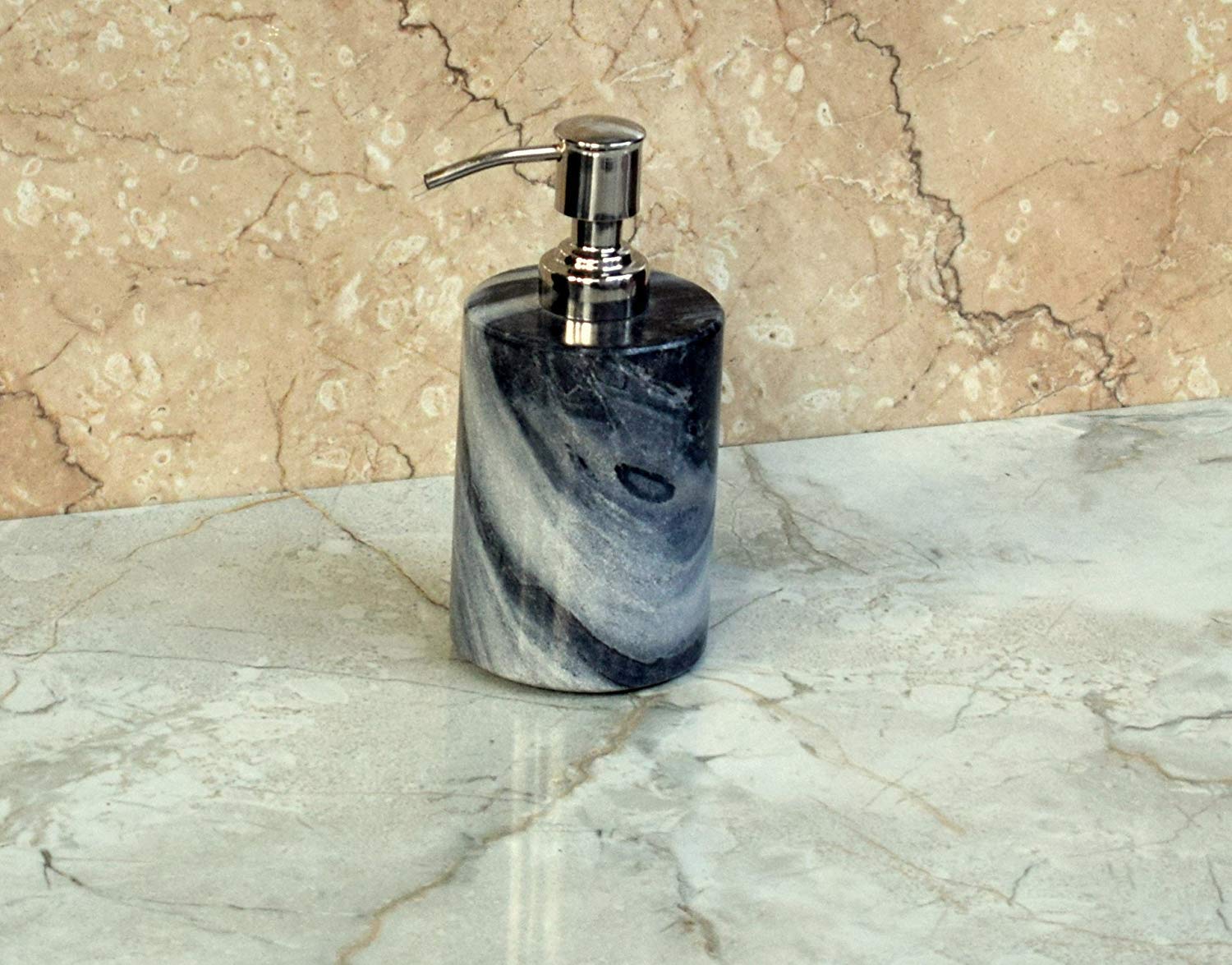 Wigano Natural Stone Liquid Soap Dispenser with Chrome Polish Pump - Elegant Black Stone Soap Dispenser for Bathroom, Luxury Hotel, Spa & Home Decor | Perfect for Modern, Farmhouse & Minimalist Interiors