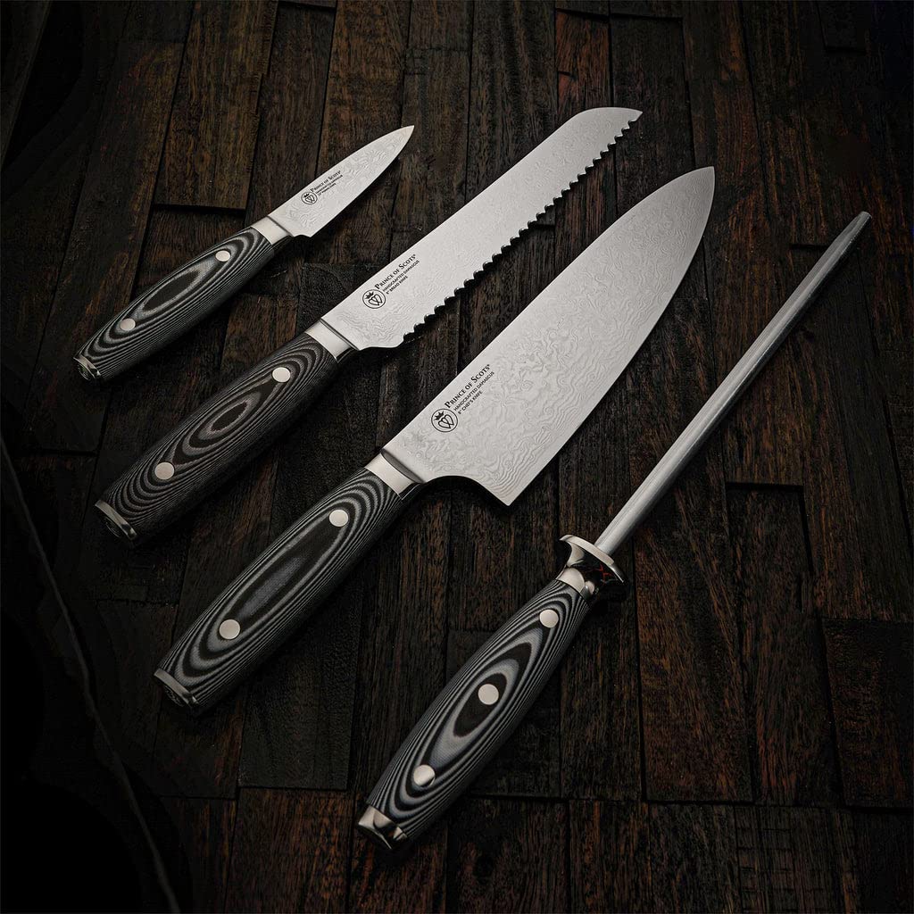 Premium Prince of Scots Damascus Steel Knife Set - Handcrafted Chef Knives with Wooden Gift Box - Perfect for Cooking, Camping & Outdoor Adventures