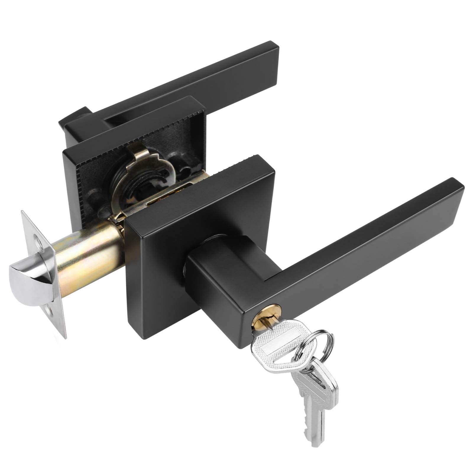 Homdiy Heavy Duty Black Exterior Door Handle Lever with Lock & Keys - Left/Right Handed Reversible Entry Door Handle Set (1 Pack) for Home Security & Front Door Installation