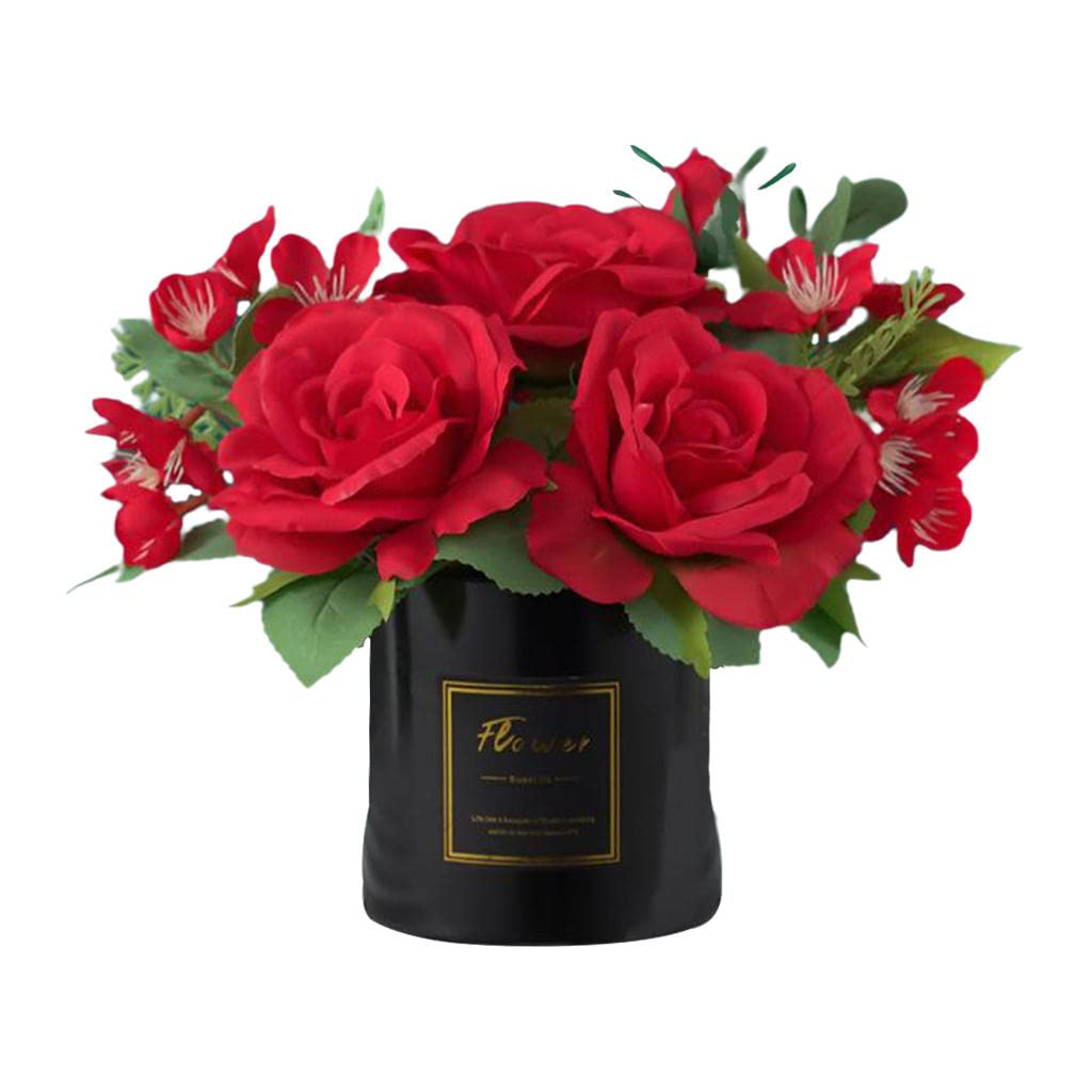 FLAMEER Artificial Flower Plants in Vase - Faux Silk Flowers Home Decor for Living Room, Office, Wedding & Party (Red) - Elegant Table Centerpiece for Home, Garden and Indoor Decorations