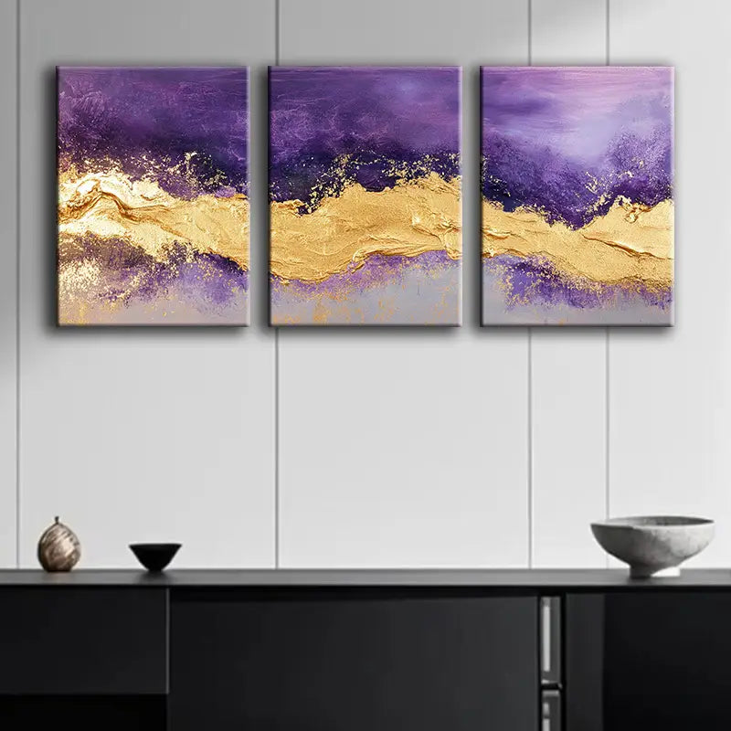 3pcs Purple and Gold Metal Wall Art Prints - Ready to Hang Modern Home Decor for Living Room, Bedroom & Office