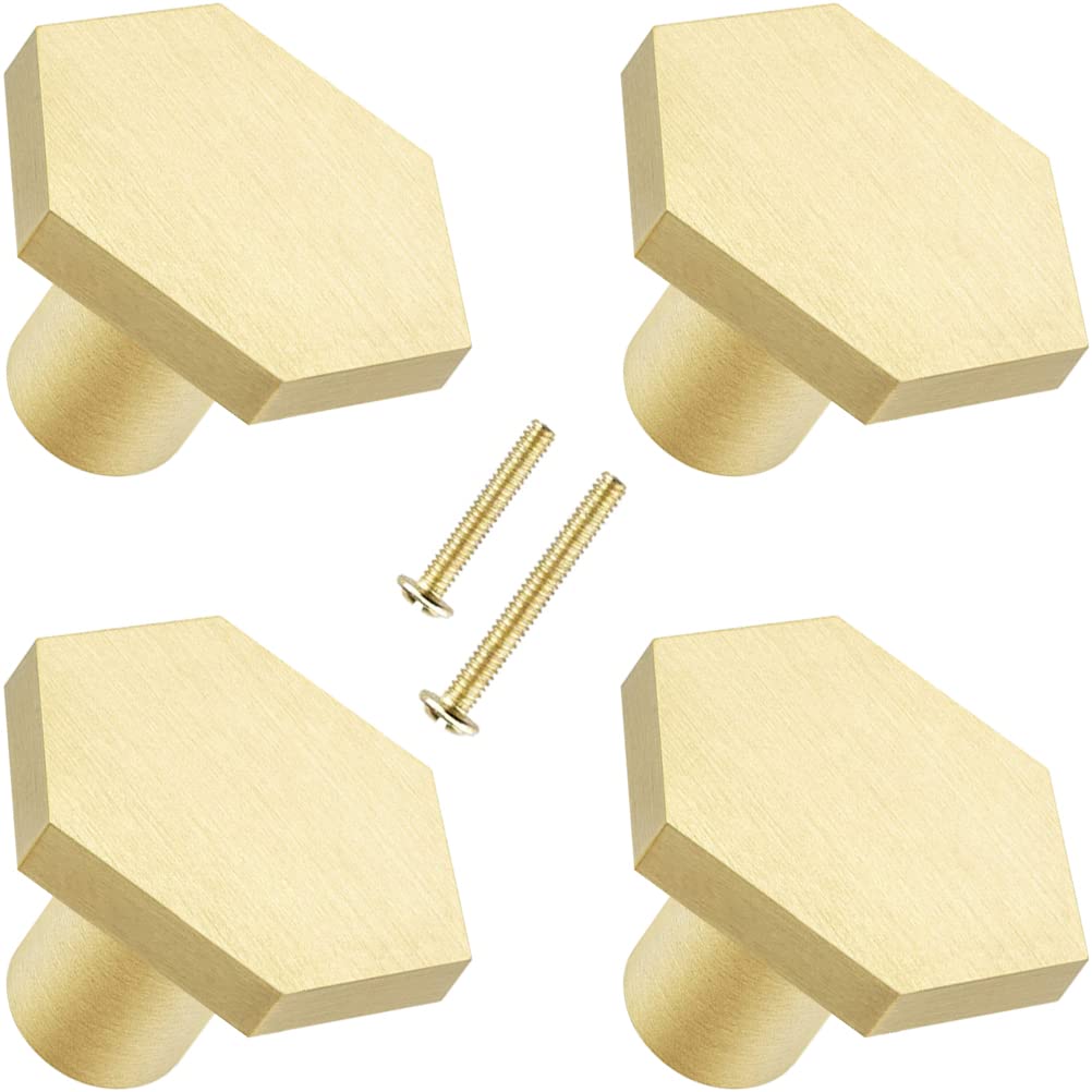 Brushed Gold Solid Brass Hexagon Cabinet Knobs - 4 Pack 1.35