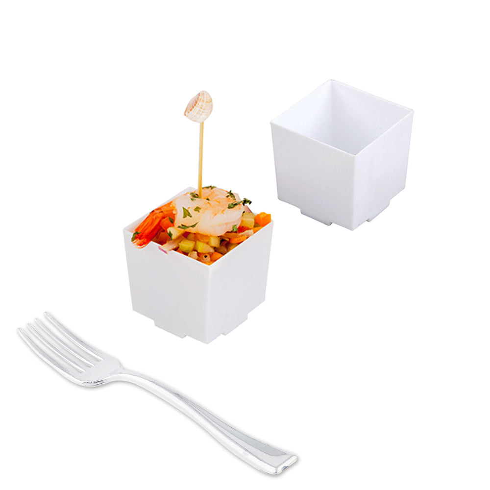 100-Pack 3 oz Square White Plastic Quadrato Cups & 100-Pack Silver Mini Plastic Forks - Perfect for Parties, Weddings, and Catering Events