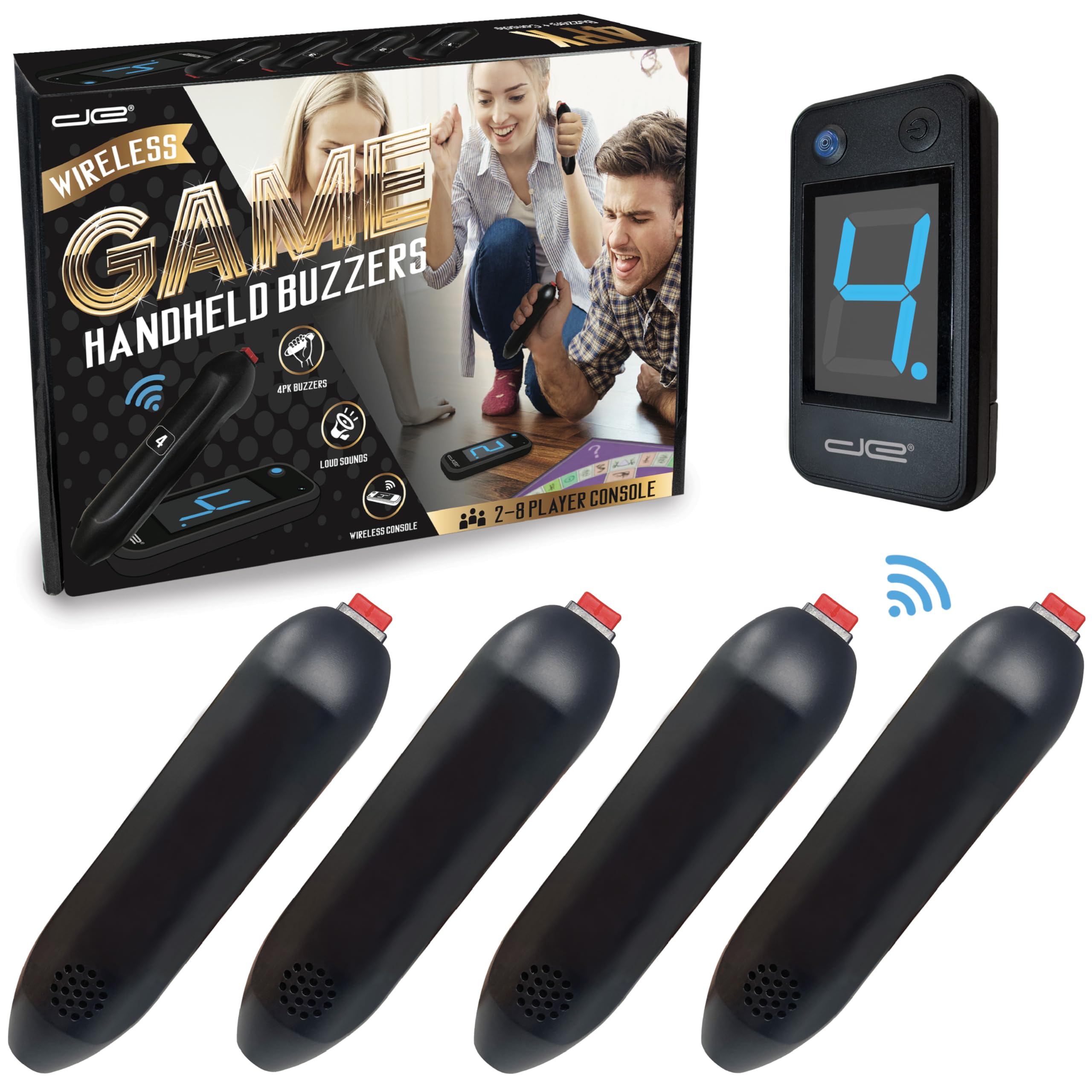 Digital Energy Wireless Handheld Game Buzzer System with 4 Joystick Buzzers - First Buzz-in Display for Trivia, Quiz & Party Games - Perfect for Jeopardy, Family Feud, Game Nights & Classroom Activities