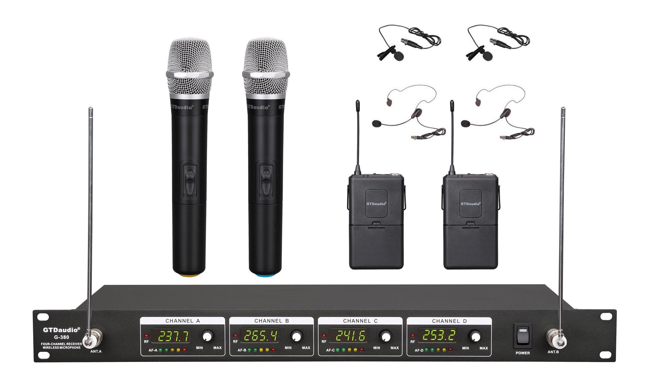 GTD Audio G-380HL Professional VHF Wireless Microphone System - 2 Handheld Mics, 2 Headset Mics & Lapel Mic for Church, Karaoke, Public Speaking & Stage Performances